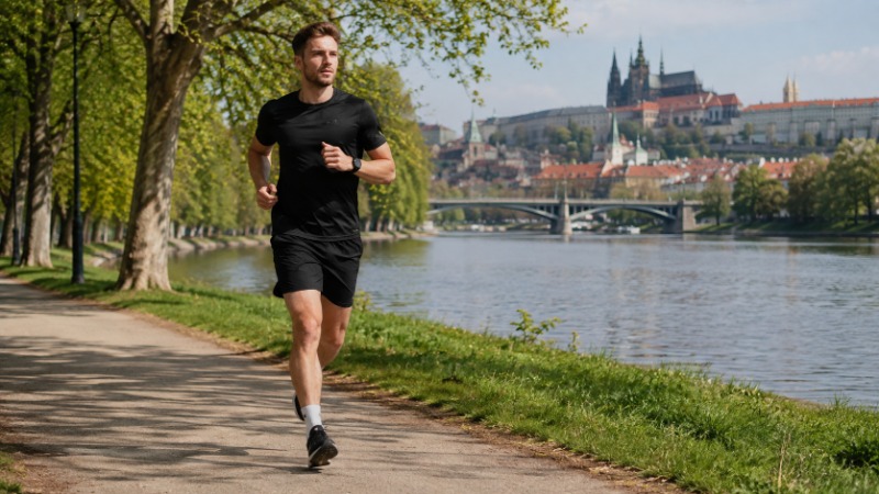 Běžec kontroluje tepovou frekvenci na sportovních hodinkách během aerobního tréninku venku