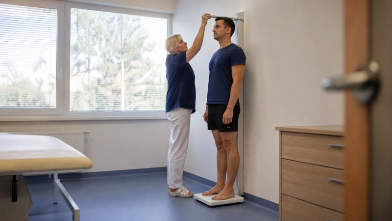 Osobní váha, krejčovský metr a kalkulačka položené vedle sebe na podlaze v posilovně