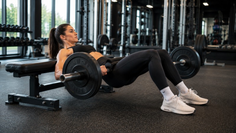 Cvičenka provádí hip thrust s velkou činkou opřená zády o lavici v posilovně