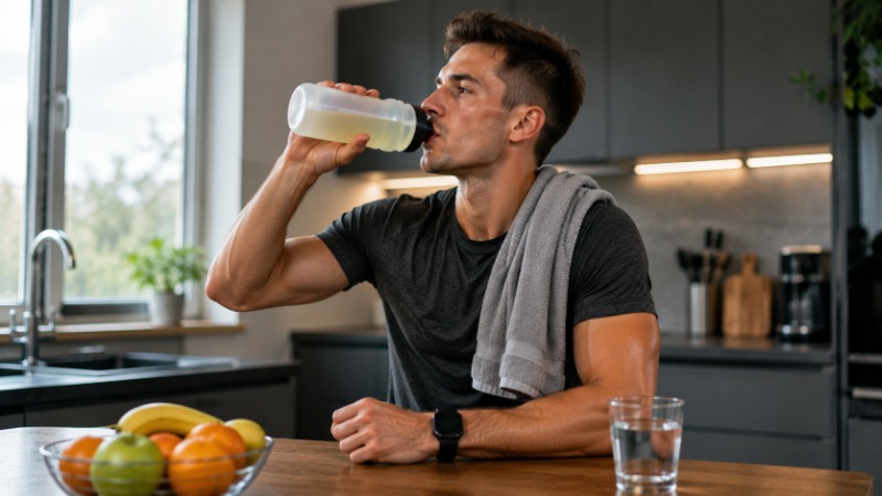 Sklenice iontového nápoje s plátky citronu vedle lahve vody na tréninkové podložce