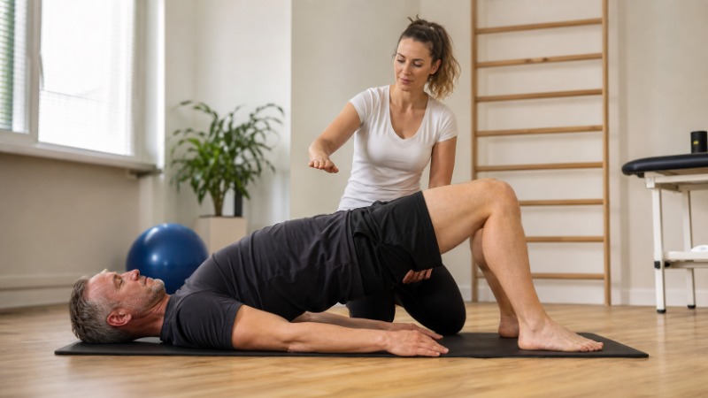 Žena cvičí mostík (glute bridge) se zvednutými boky na podložce v posilovně
