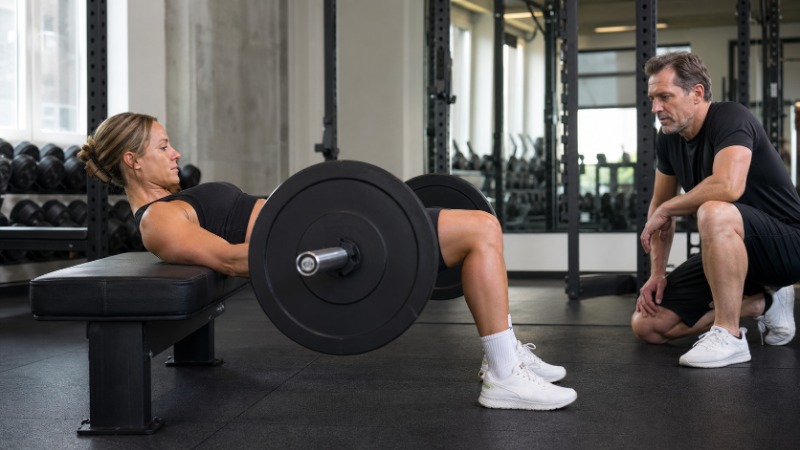 Cvičenka provádí hip thrust, zády opřená o lavici, s velkou činkou přes boky v horní poloze pohybu