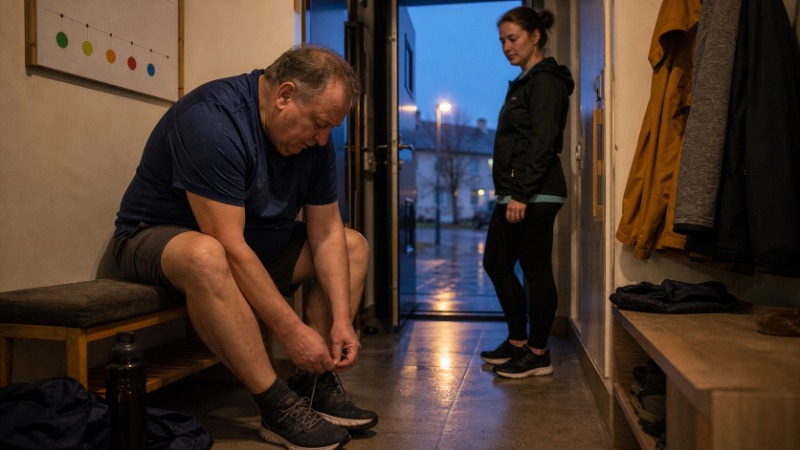 Žena si ráno obouvá sportovní boty před tréninkem, na podlaze vedle ní leží podložka na cvičení