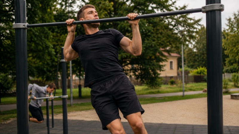 Muž cvičí kalisteniku na venkovní hrazdě ve workoutovém hřišti