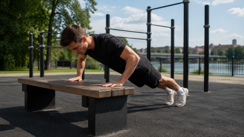 Začátečník cvičí australské přítahy pod nízkou hrazdou na venkovním workoutovém hřišti