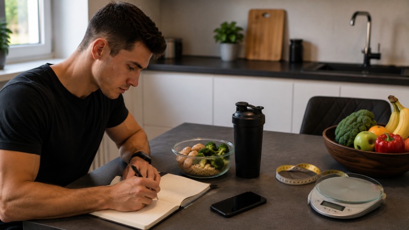Kuchyňská váha s miskou ovesných vloček a zápisník s poznámkami o jídelníčku