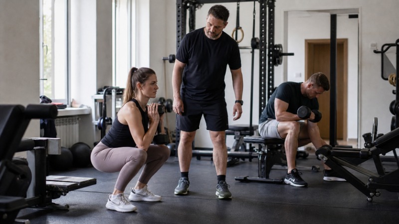 Cvičenec dřepuje s činkou na zádech, vedle něj druhý cvičenec provádí bicepsový zdvih s jednoručkou