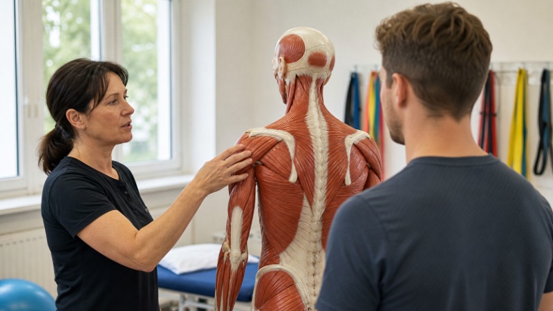 Anatomická ilustrace hlavních svalových skupin lidského těla z pohledu zepředu a zezadu