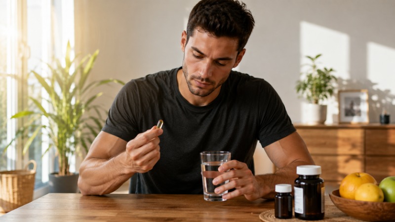 Kapky vitamínu D3 na lžičce vedle sklenice vody na okenním parapetu v zimním světle