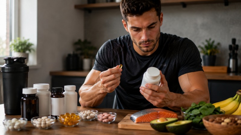 Přehledně srovnané kapsle a tablety různých vitamínů a minerálů na bílém talíři